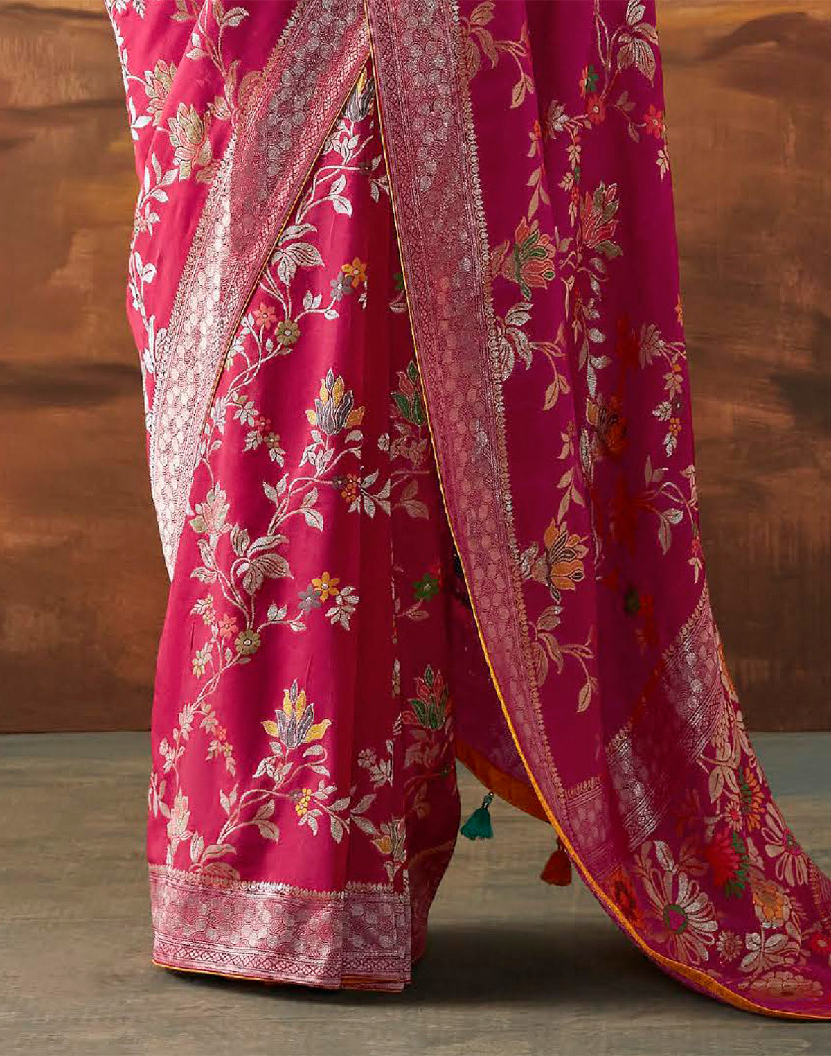 Dark Pink Floral Paithani Design Banarasi Dola Silk Saree With Self Blouse