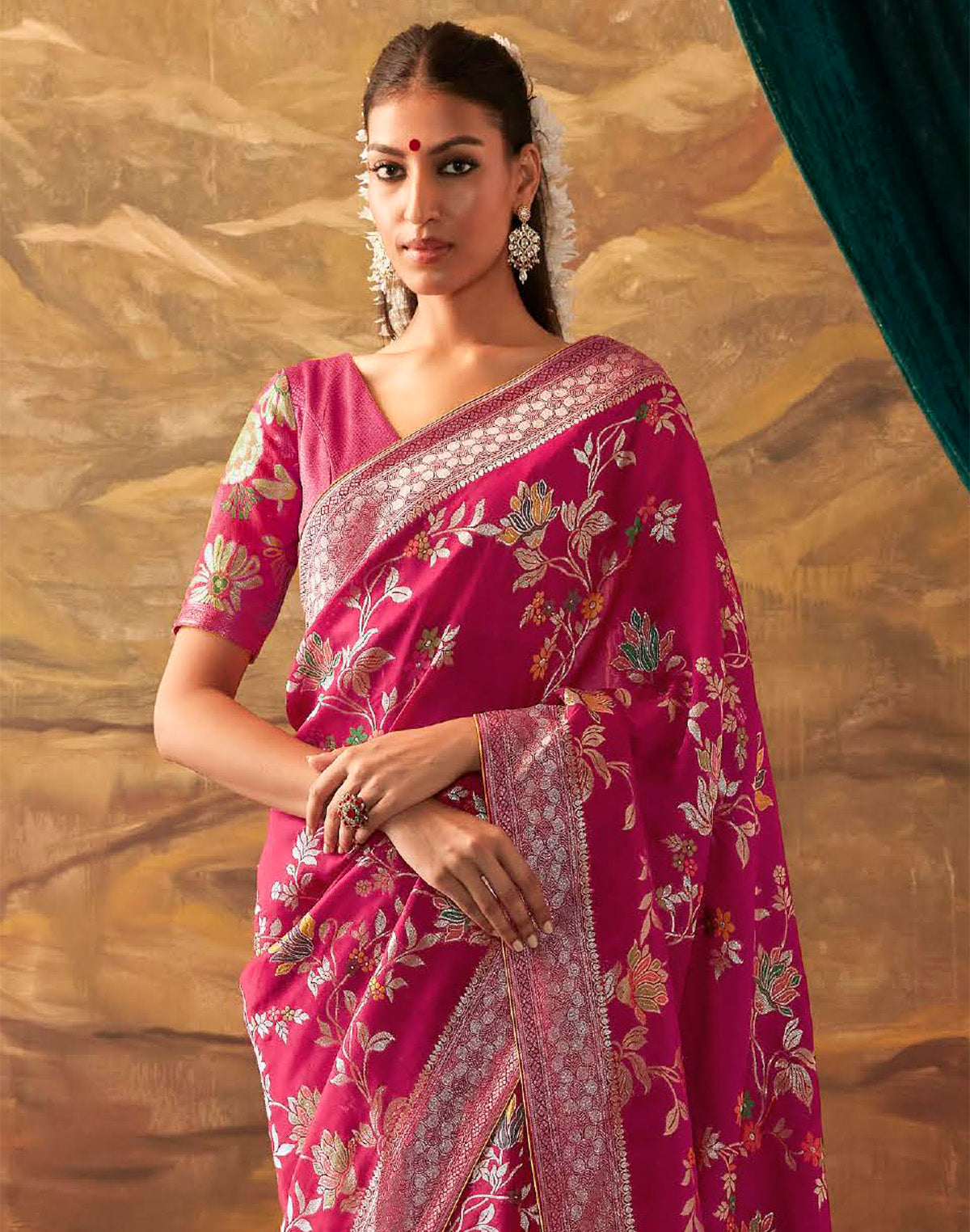 Collection of Dark Pink Floral Paithani Design Banarasi Dola Silk Saree With Self Blouse in a gallery layout