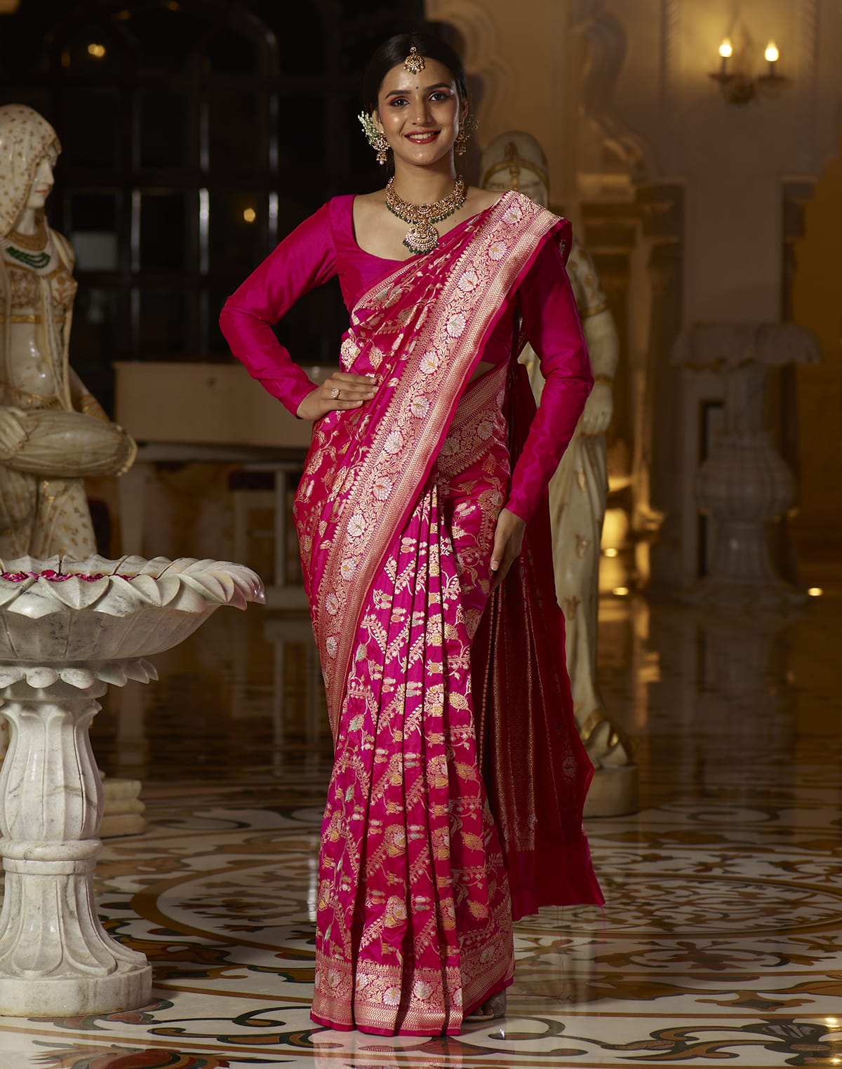 Collection of Magenta Floral heavy Jaal work Handloom Silk Banarasi Saree in a gallery layout