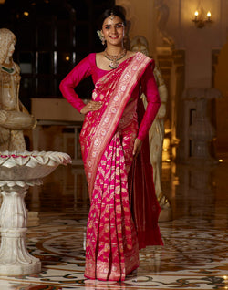 Collection of Magenta Floral heavy Jaal work Handloom Silk Banarasi Saree in a gallery layout