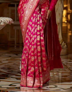 Collection of Magenta Floral heavy Jaal work Handloom Silk Banarasi Saree in a gallery layout