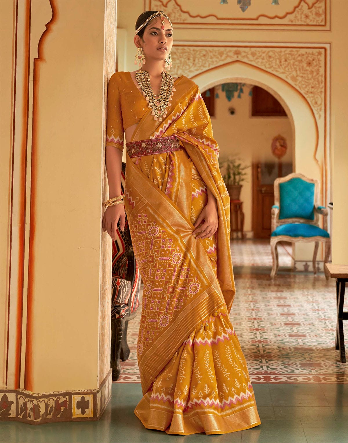 Collection of Mustard Colour Patola Silk Saree in a gallery layout