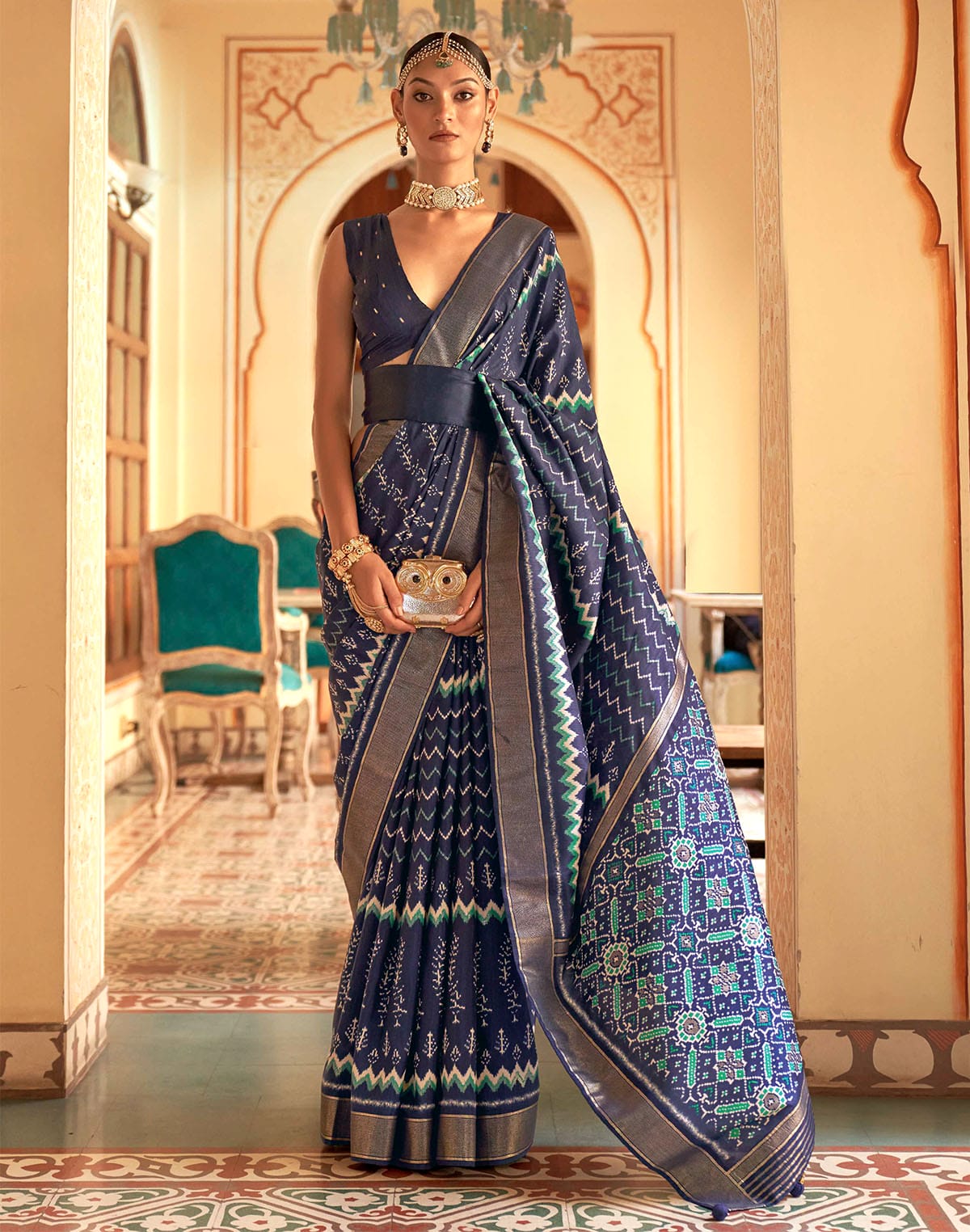 Navy Blue Ikat Print Patola Designer Saree