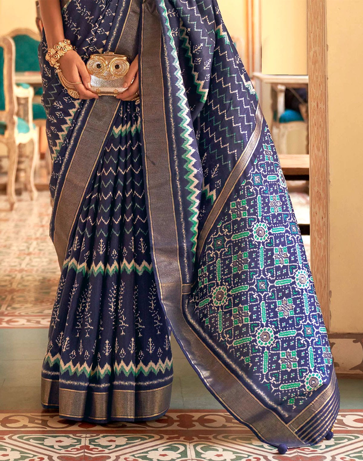 Navy Blue Ikat Print Patola Designer Saree