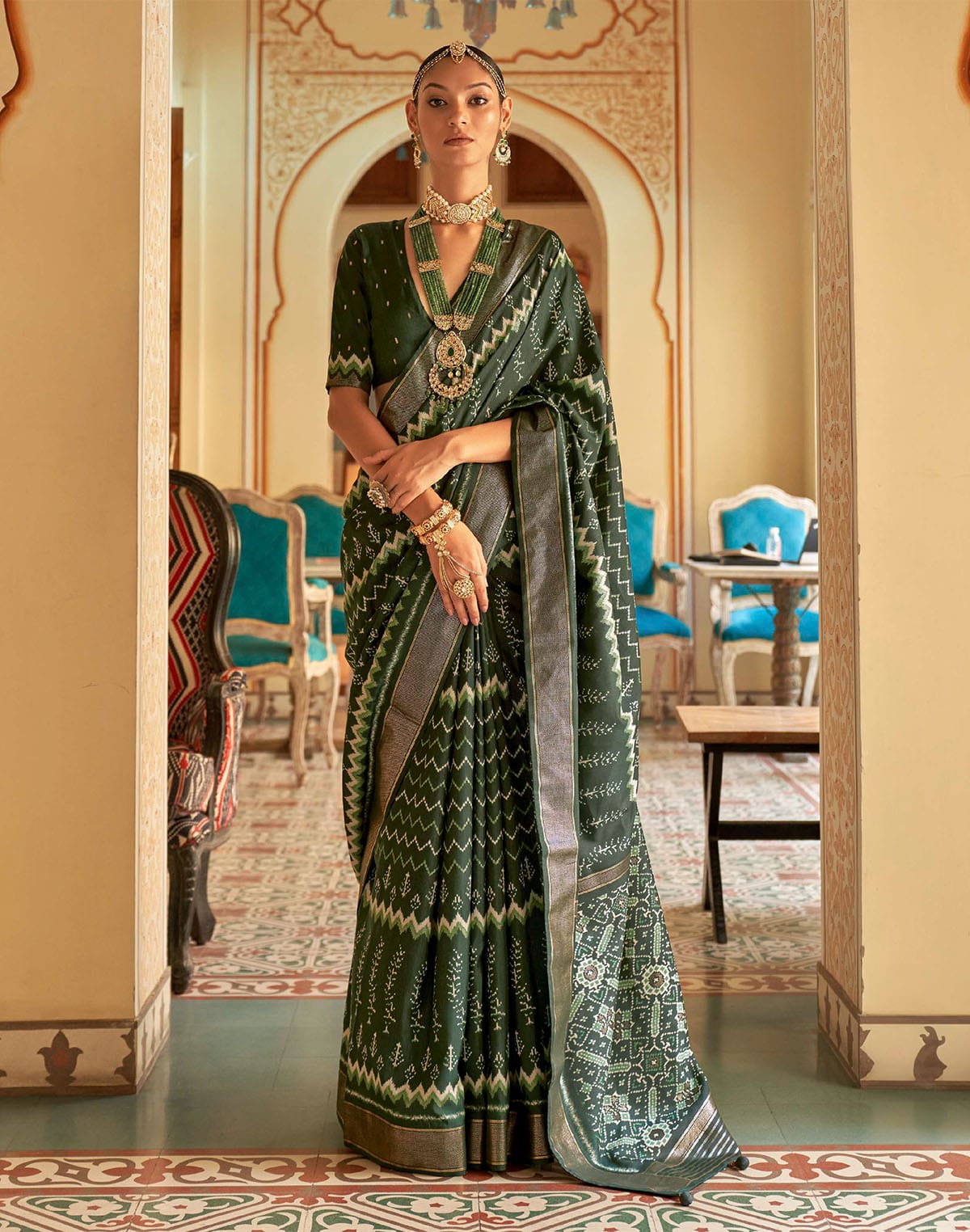 Royal Dark Green Patola Silk Ikat Saree