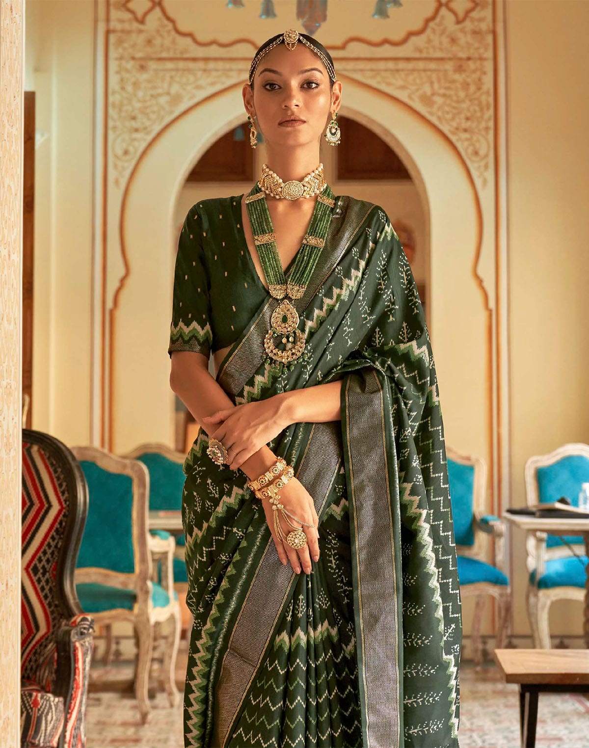 Royal Dark Green Patola Silk Ikat Saree