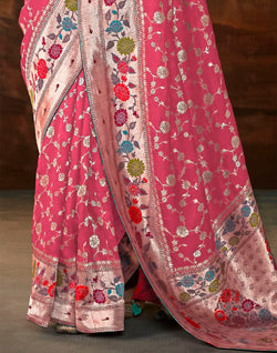 Collection of Pink All Over Floral Design Paithani Banarasi Dola Silk Saree in a gallery layout