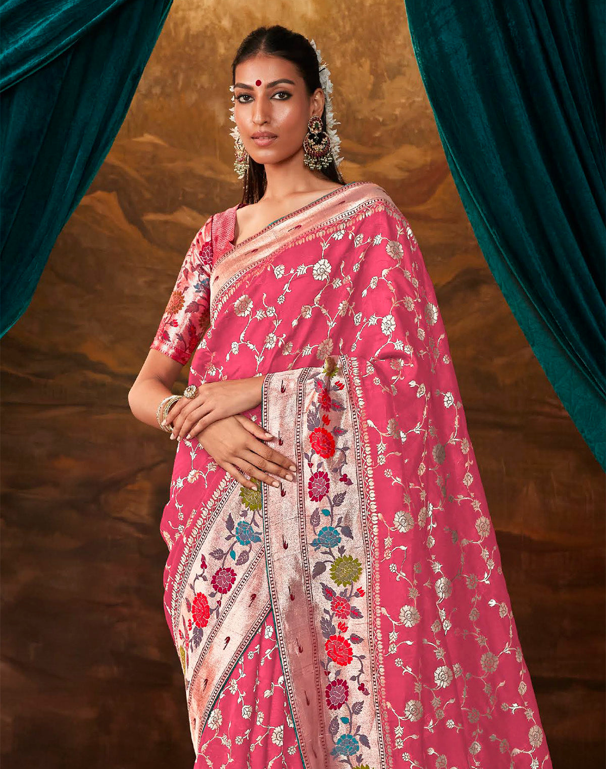 Collection of Pink All Over Floral Design Paithani Banarasi Dola Silk Saree in a gallery layout