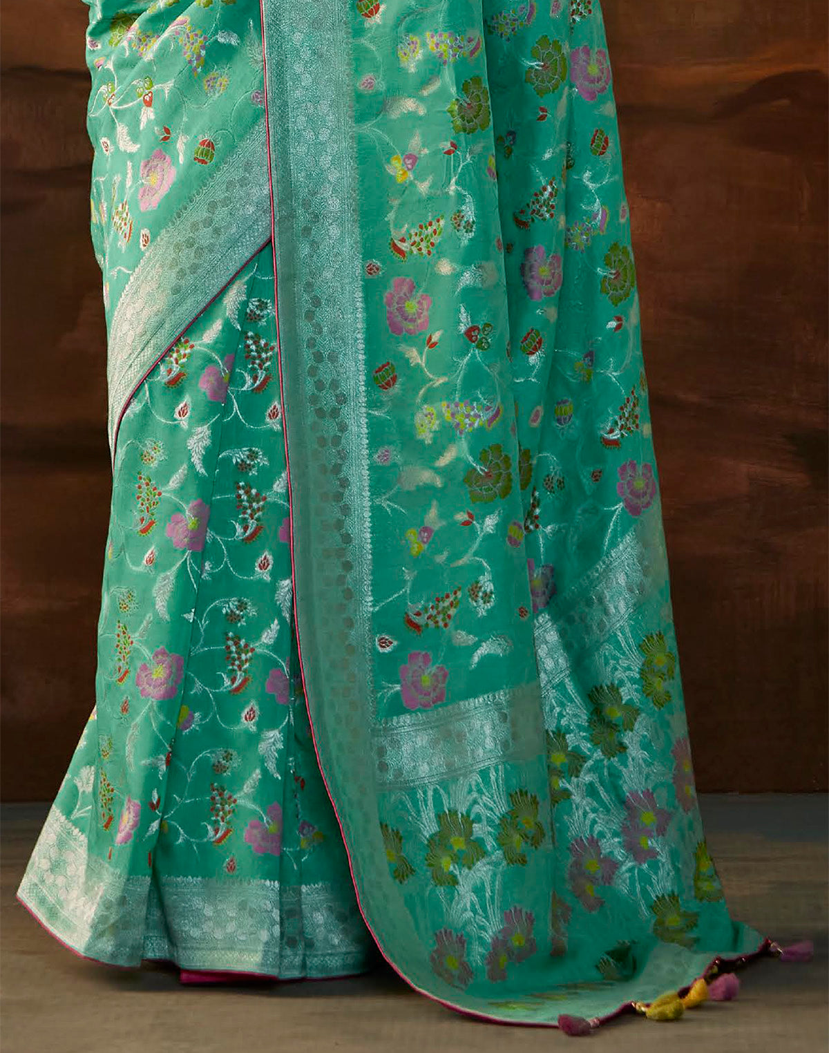 Collection of Sea Green Floral Paithani Banarasi Dola Silk Saree in a gallery layout