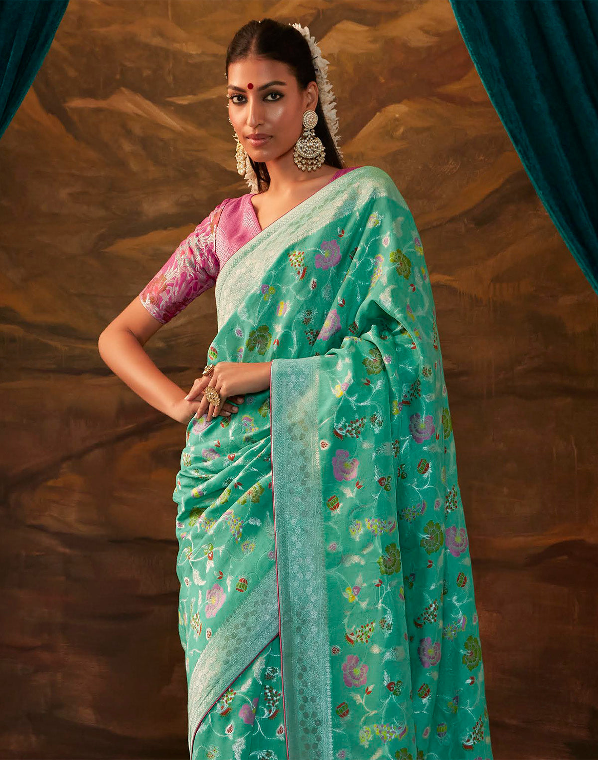 Collection of Sea Green Floral Paithani Banarasi Dola Silk Saree in a gallery layout