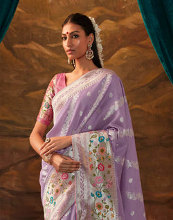 Collection of Purple Coloured Floral Paithani Banarasi Dola Silk Saree in a gallery layout