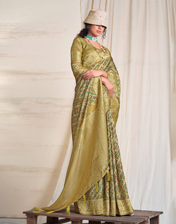 Collection of Mehendi Green all over Graphic Print Dola Silk Saree in a gallery layout