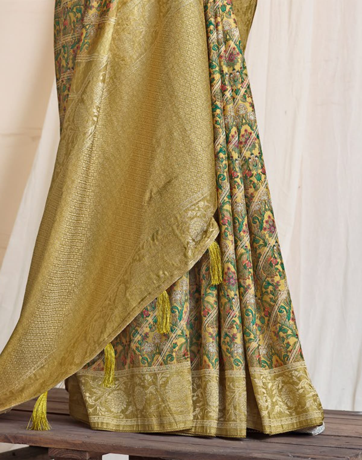 Collection of Mehendi Green all over Graphic Print Dola Silk Saree in a gallery layout