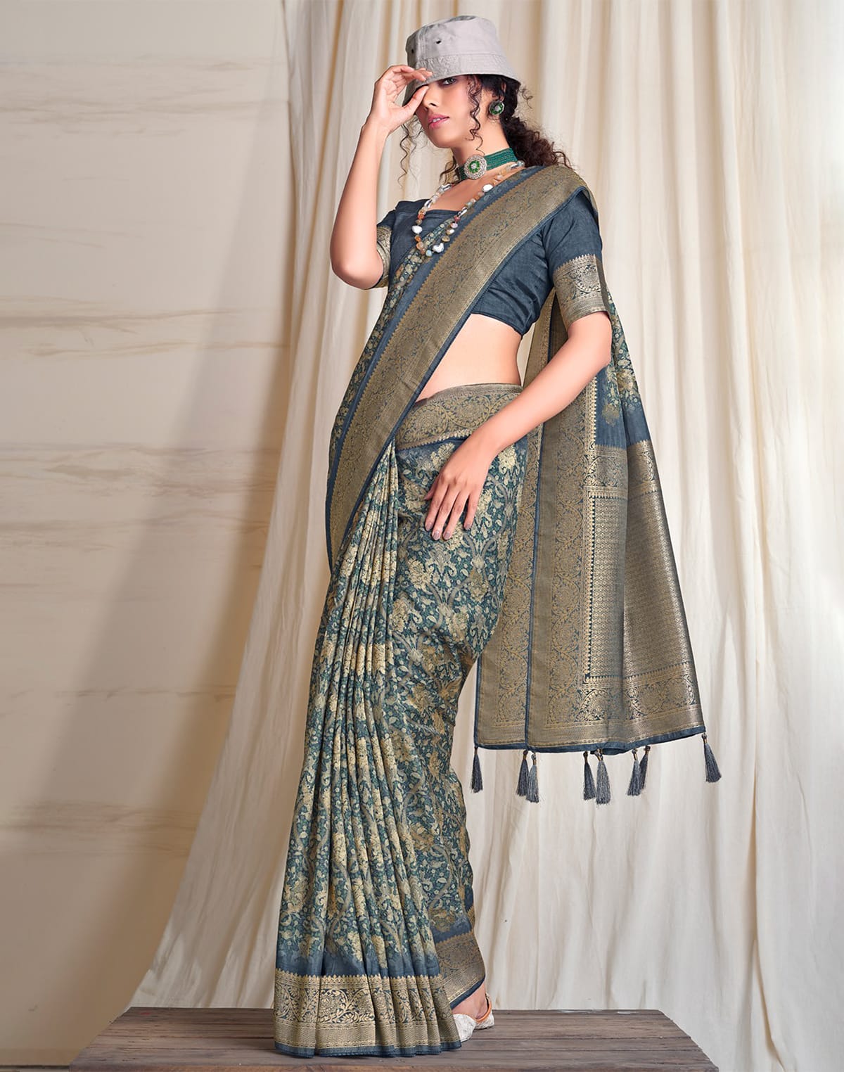 Light Blue Floral design Soft Dola Silk Saree