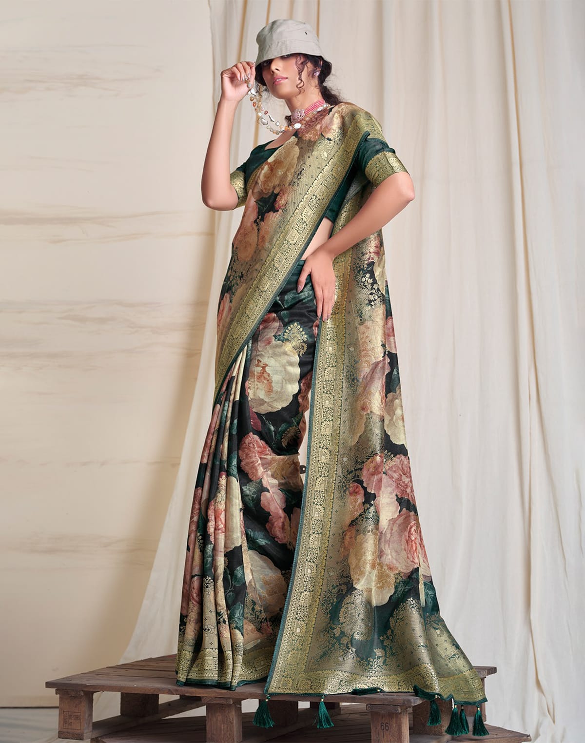 Green all over Floral Dola Silk Saree