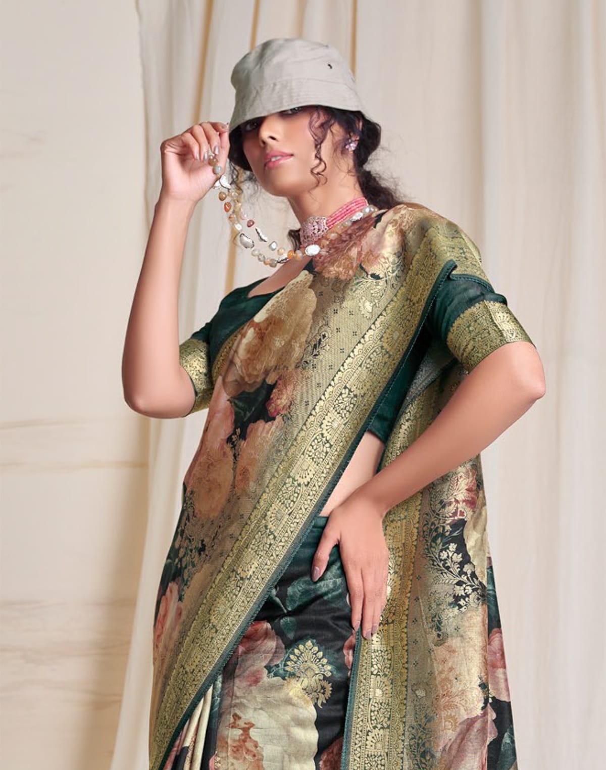 Collection of Green all over Floral Dola Silk Saree in a gallery layout