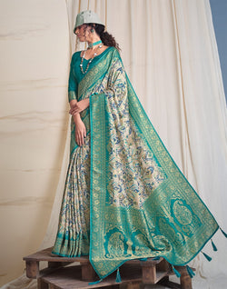 Collection of Cream Coloured Floral Dola Silk Contrast Border Saree in a gallery layout