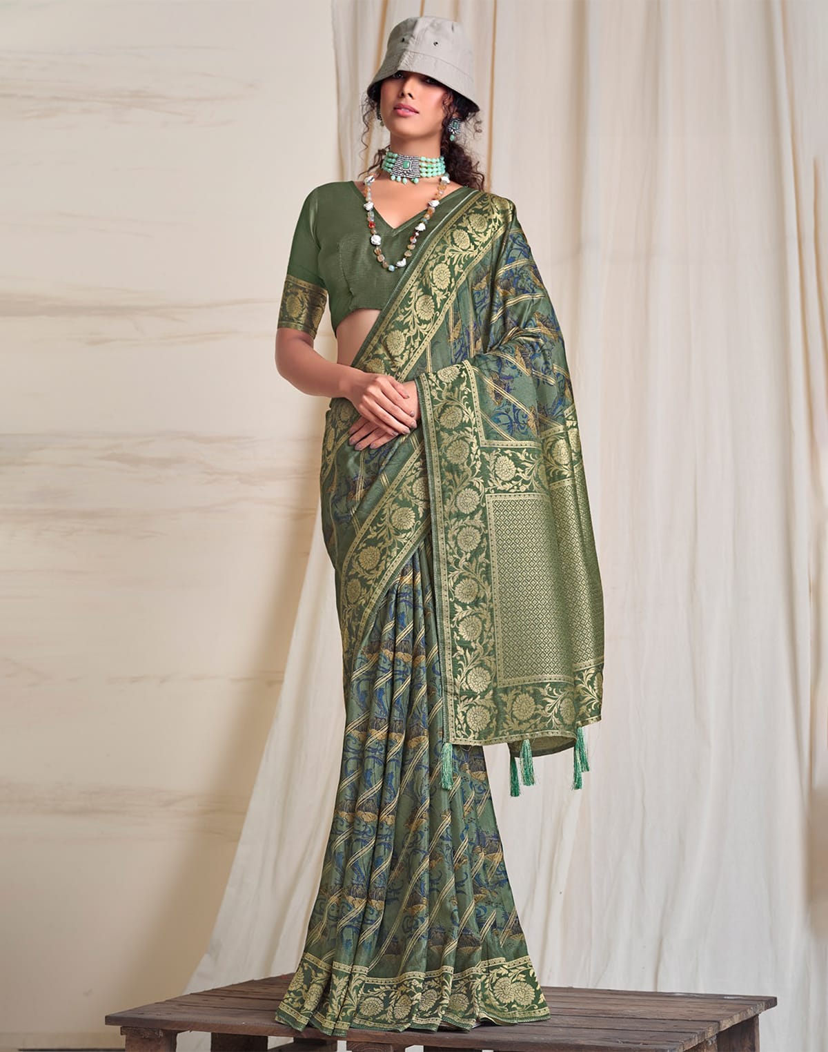 Collection of Light Green Coloured Dola Silk Fabric Saree in a gallery layout