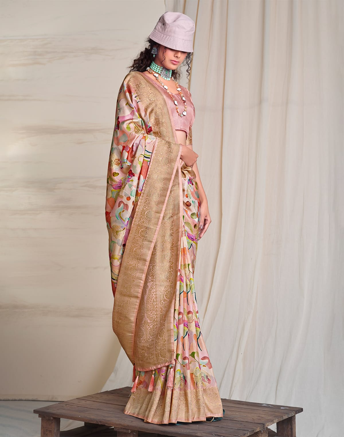 Collection of Peach Graphic Print Soft Dola Silk Saree in a gallery layout