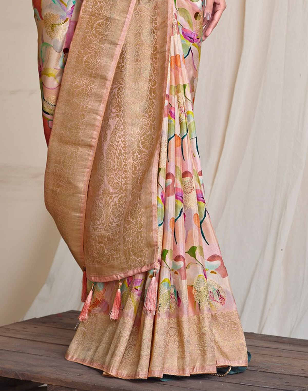 Collection of Peach Graphic Print Soft Dola Silk Saree in a gallery layout