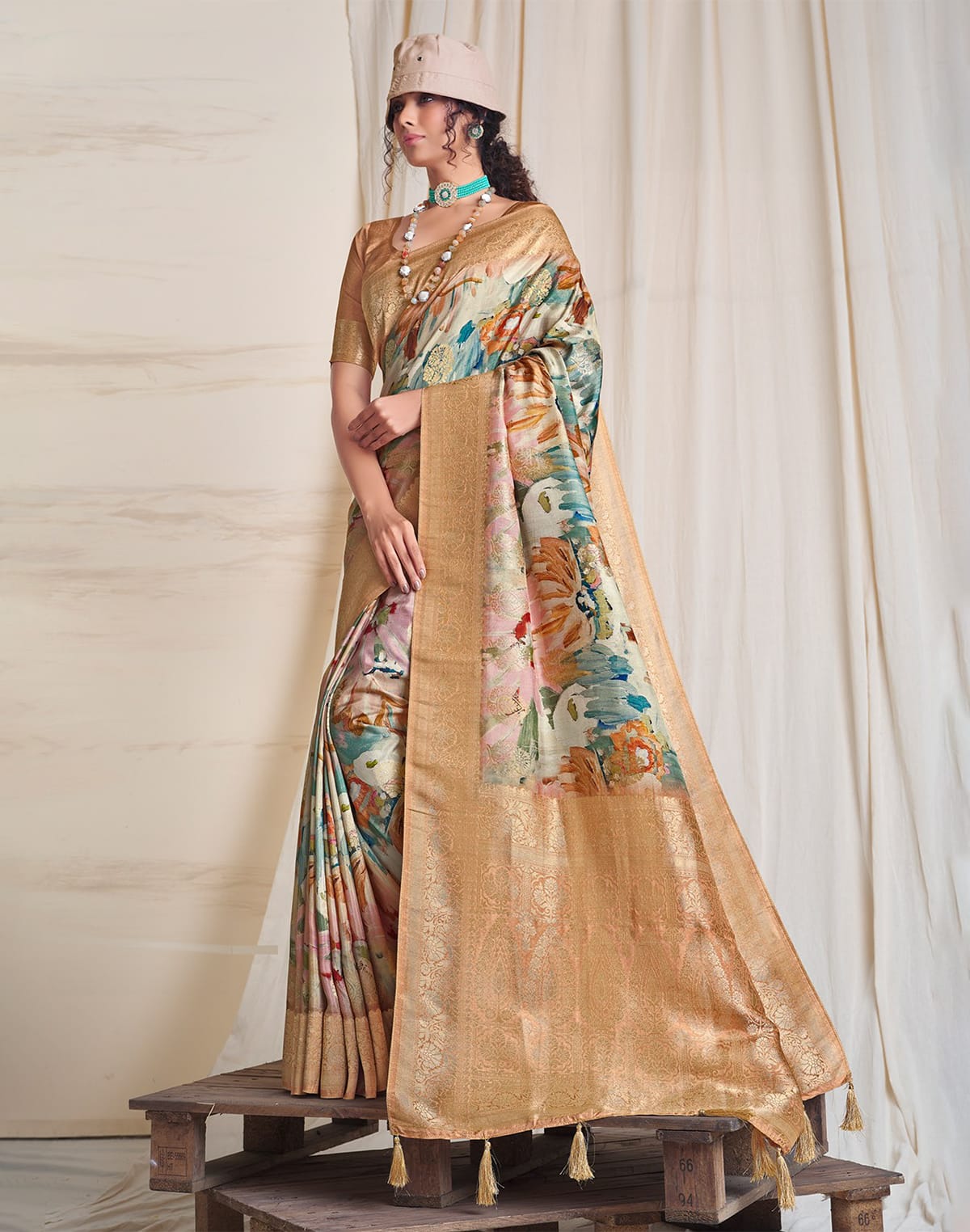 Stylish Beige Soft Dola Silk Saree