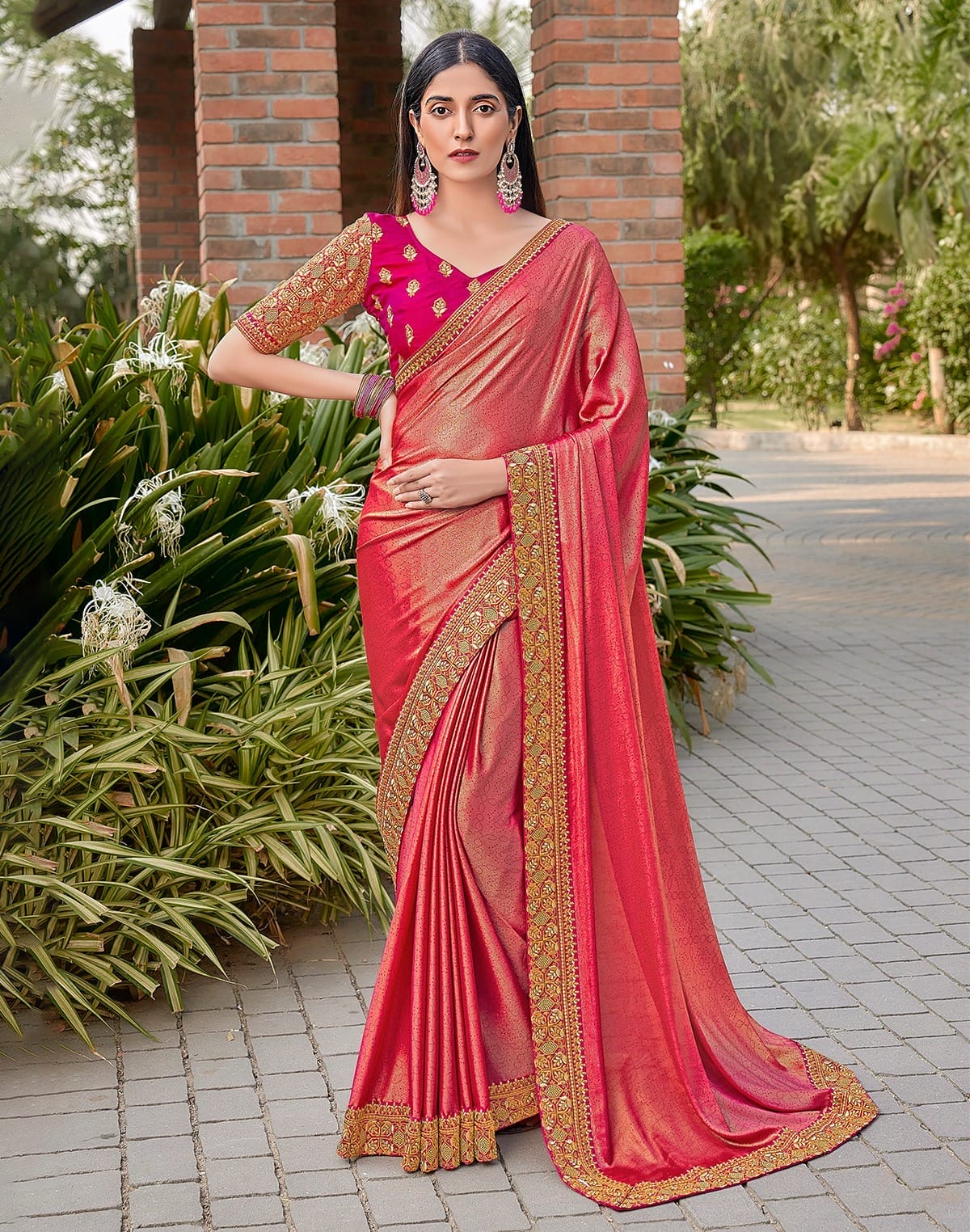 Collection of Orange Coloured Dola Silk Saree with work Blouse in a gallery layout