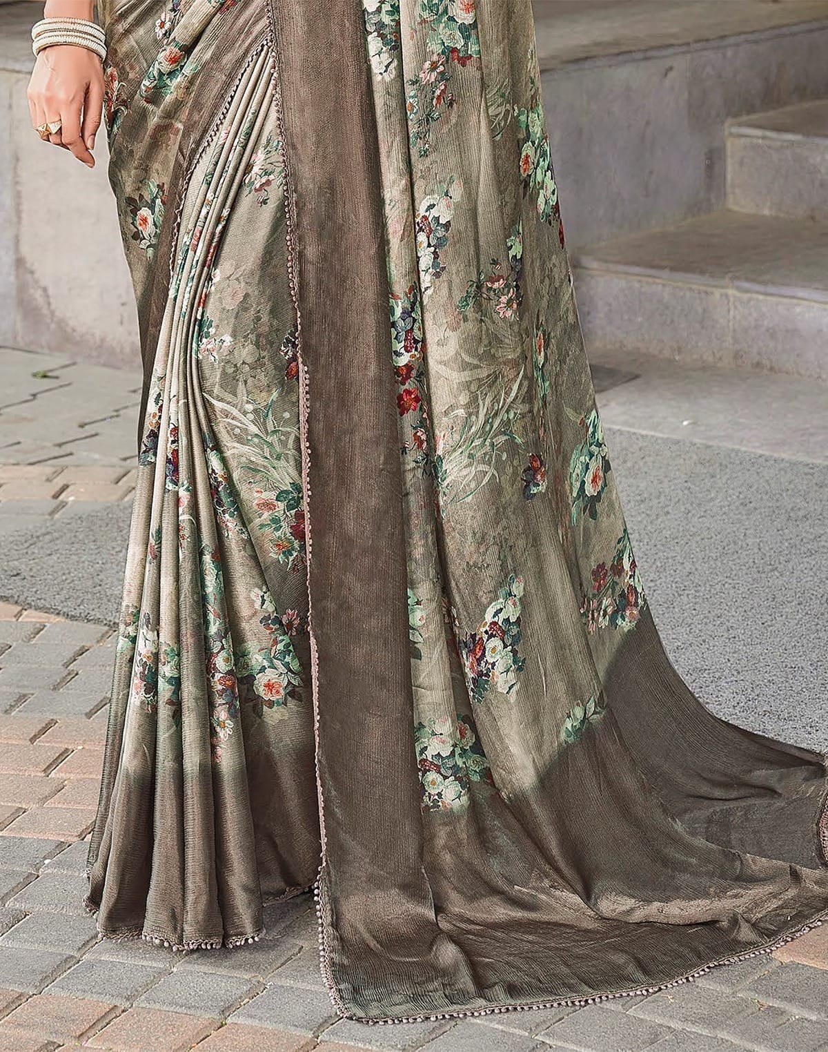 Collection of Light Green Floral Design Dola Silk Saree in a gallery layout