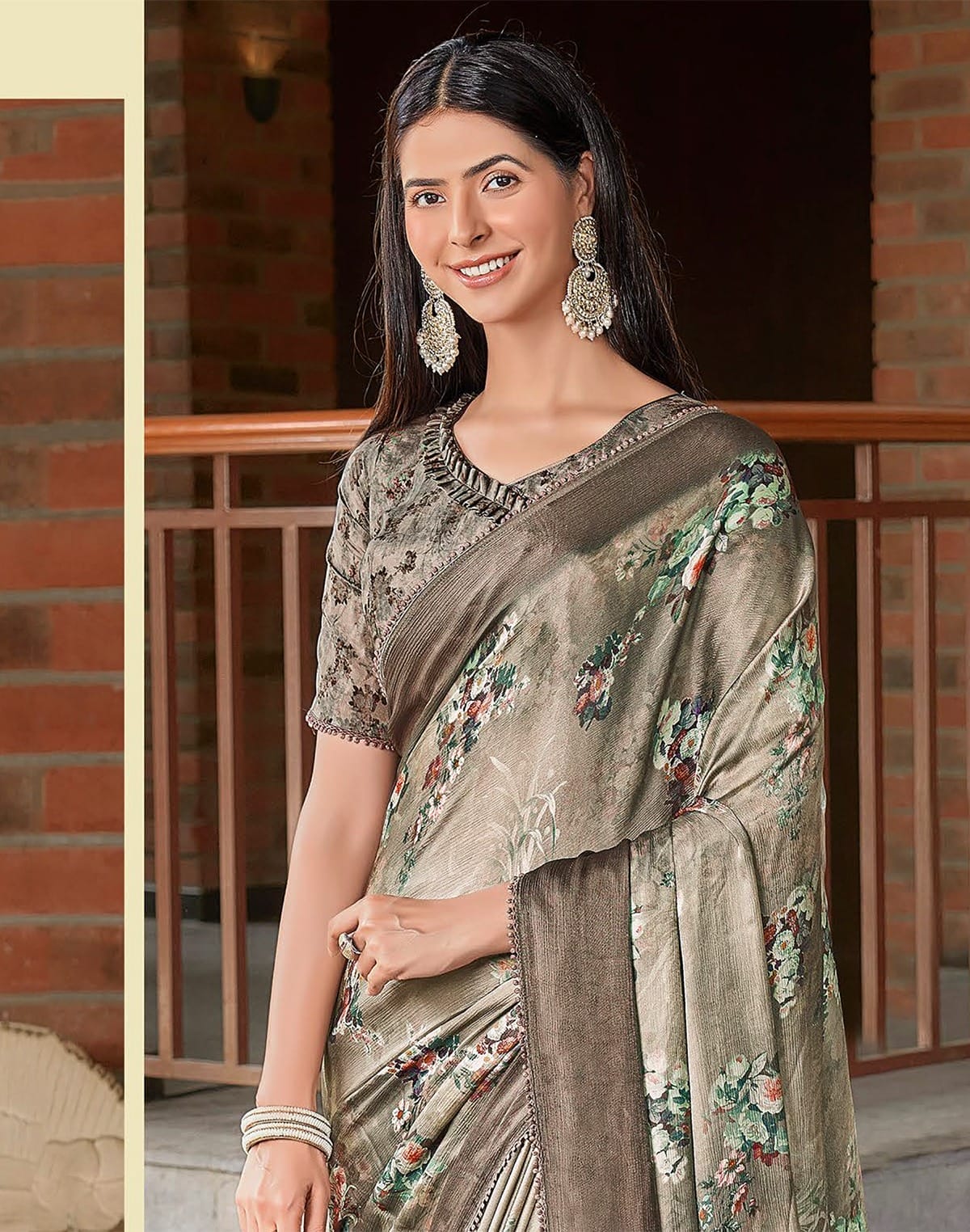 Collection of Light Green Floral Design Dola Silk Saree in a gallery layout