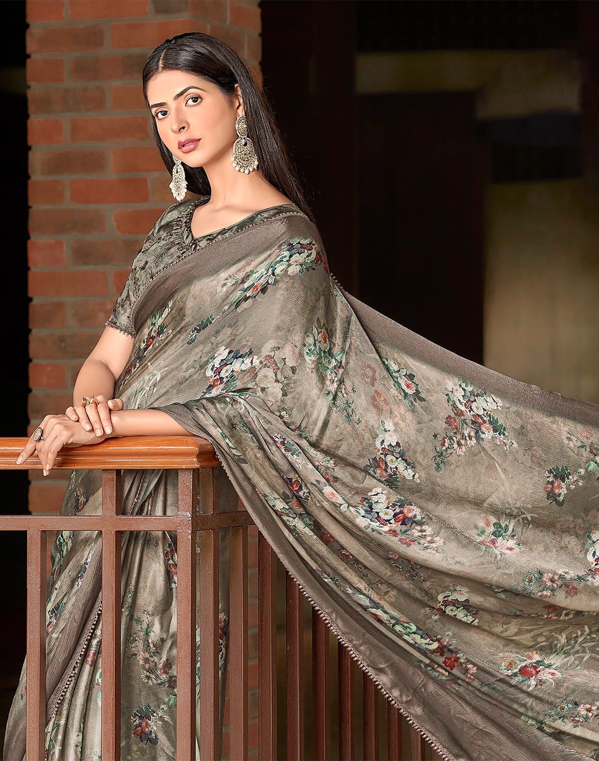 Collection of Light Green Floral Design Dola Silk Saree in a gallery layout