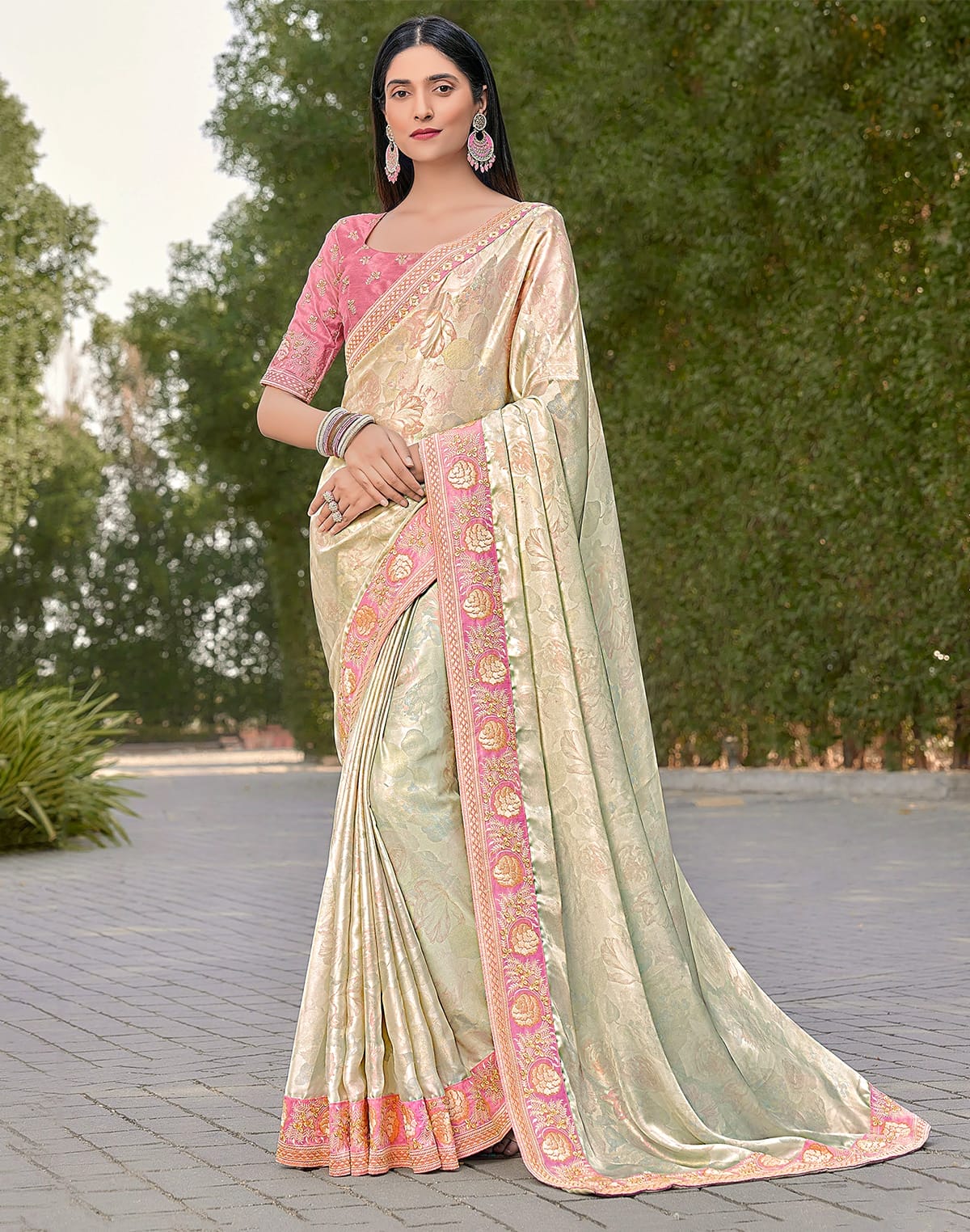 Collection of Light Pista Green Dola Silk Saree with work Blouse in a gallery layout