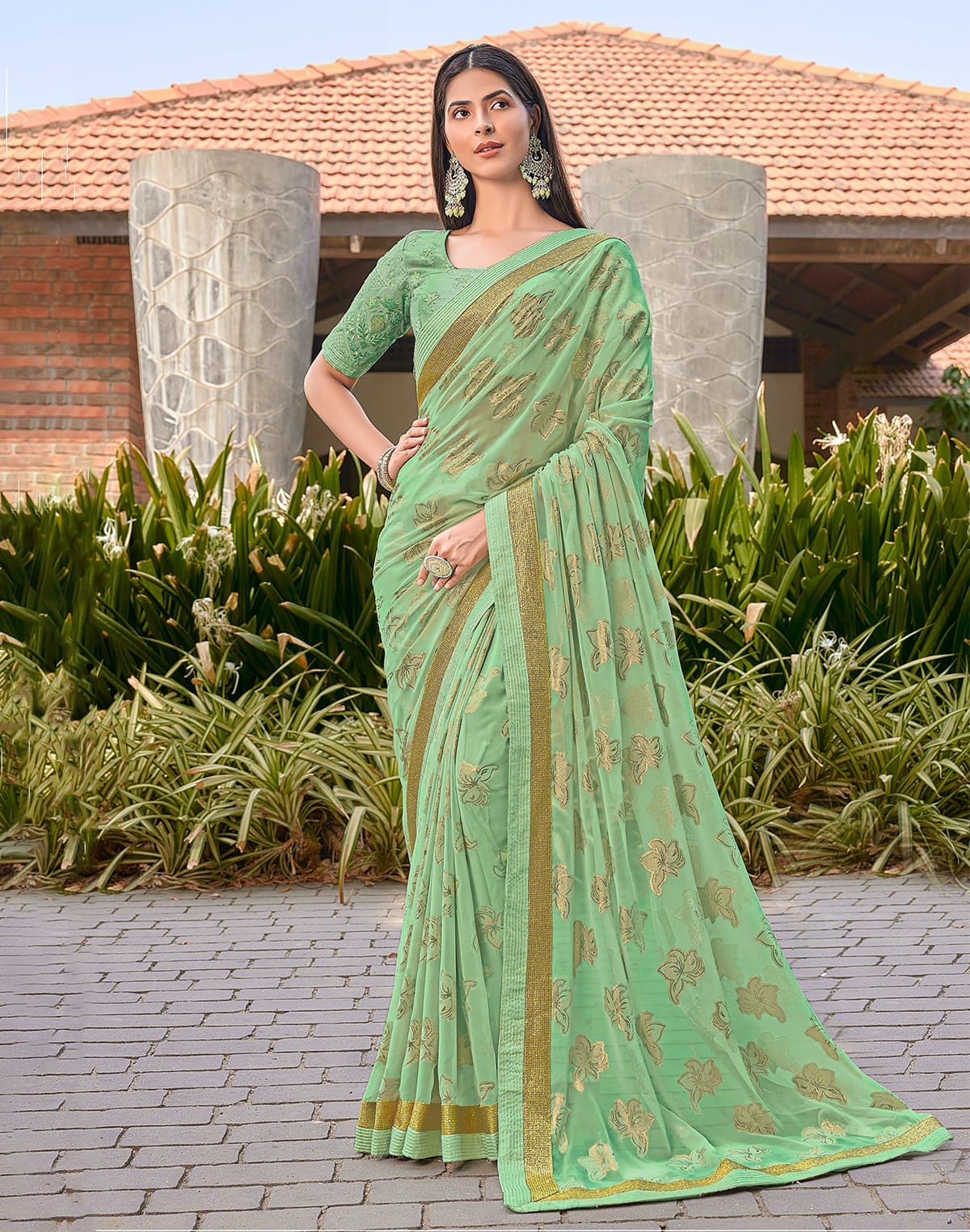 Collection of Light Green Floral Pattern Dola Silk Fancy Saree in a gallery layout