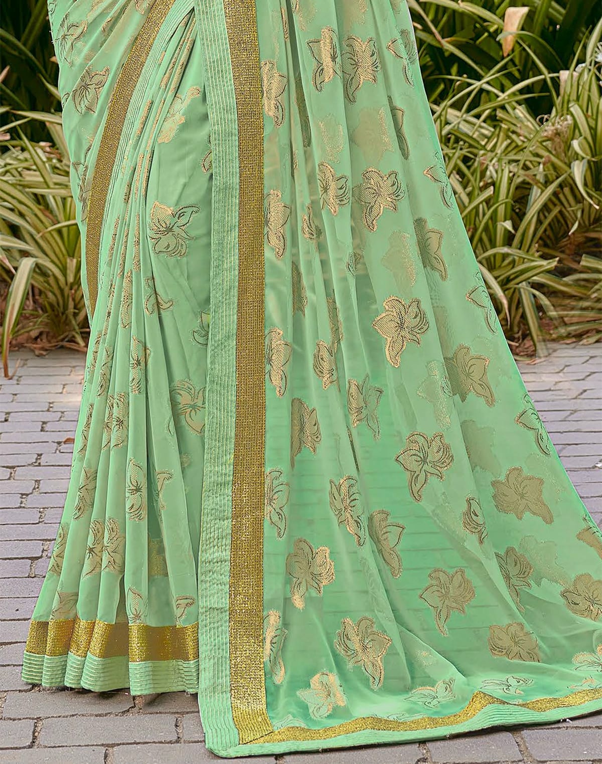 Collection of Light Green Floral Pattern Dola Silk Fancy Saree in a gallery layout