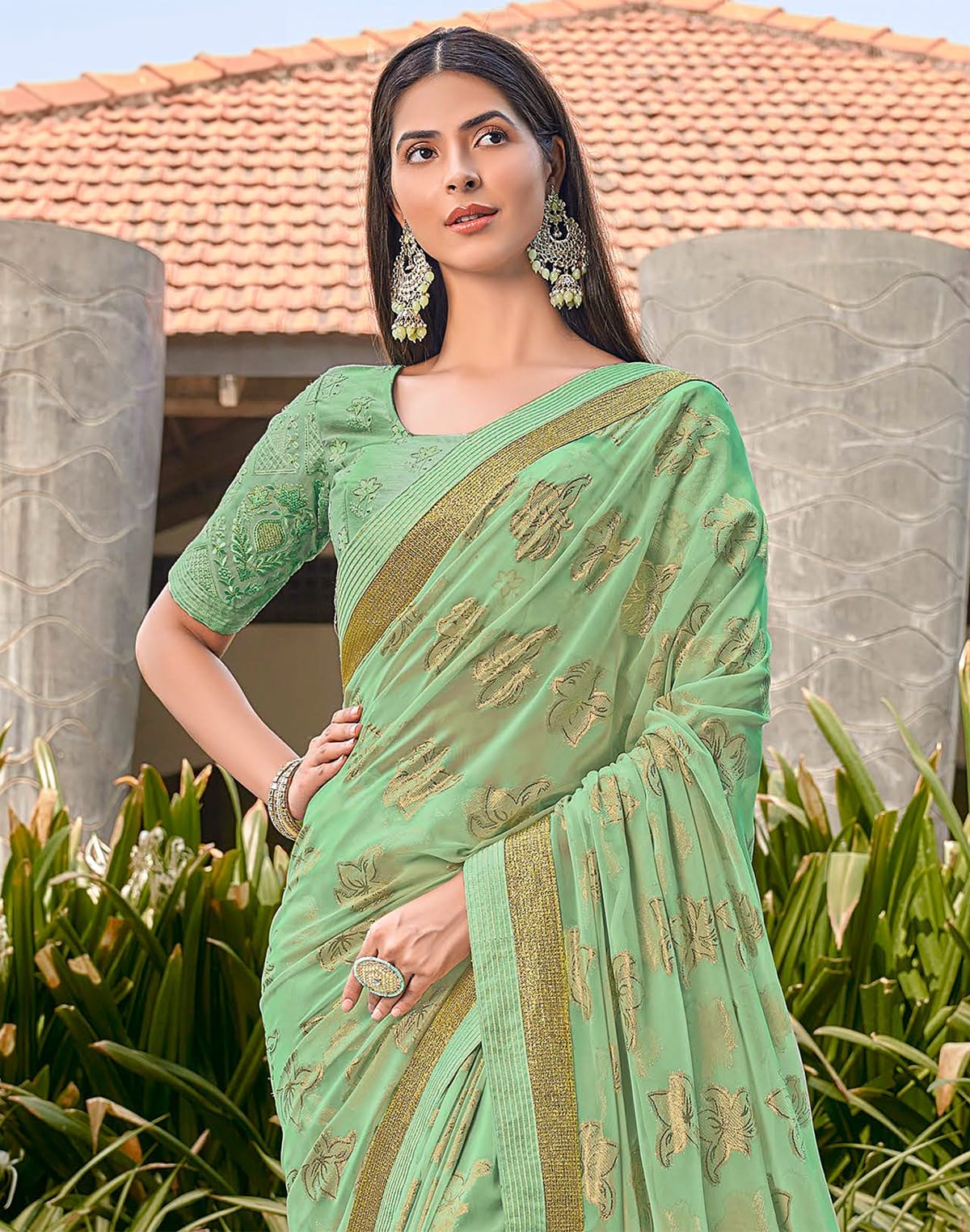 Light Green Floral Pattern Dola Silk Fancy Saree