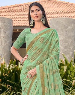 Collection of Light Green Floral Pattern Dola Silk Fancy Saree in a gallery layout