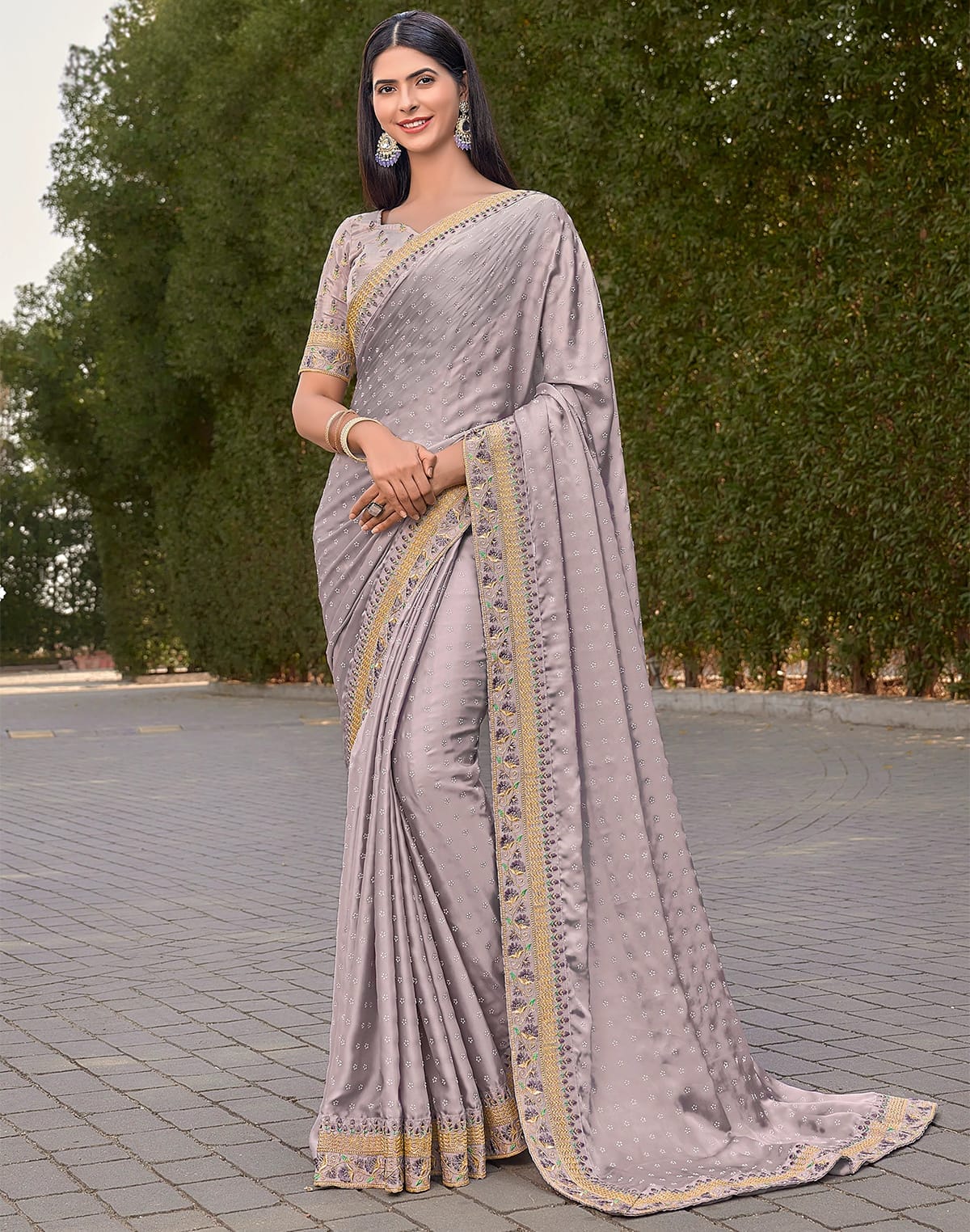 Light Grey Dola Silk Saree with embroidery work Blouse