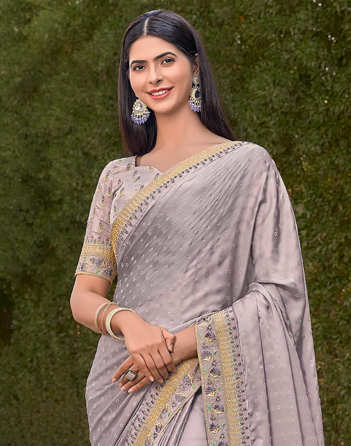 Collection of Light Grey Dola Silk Saree with embroidery work Blouse in a gallery layout