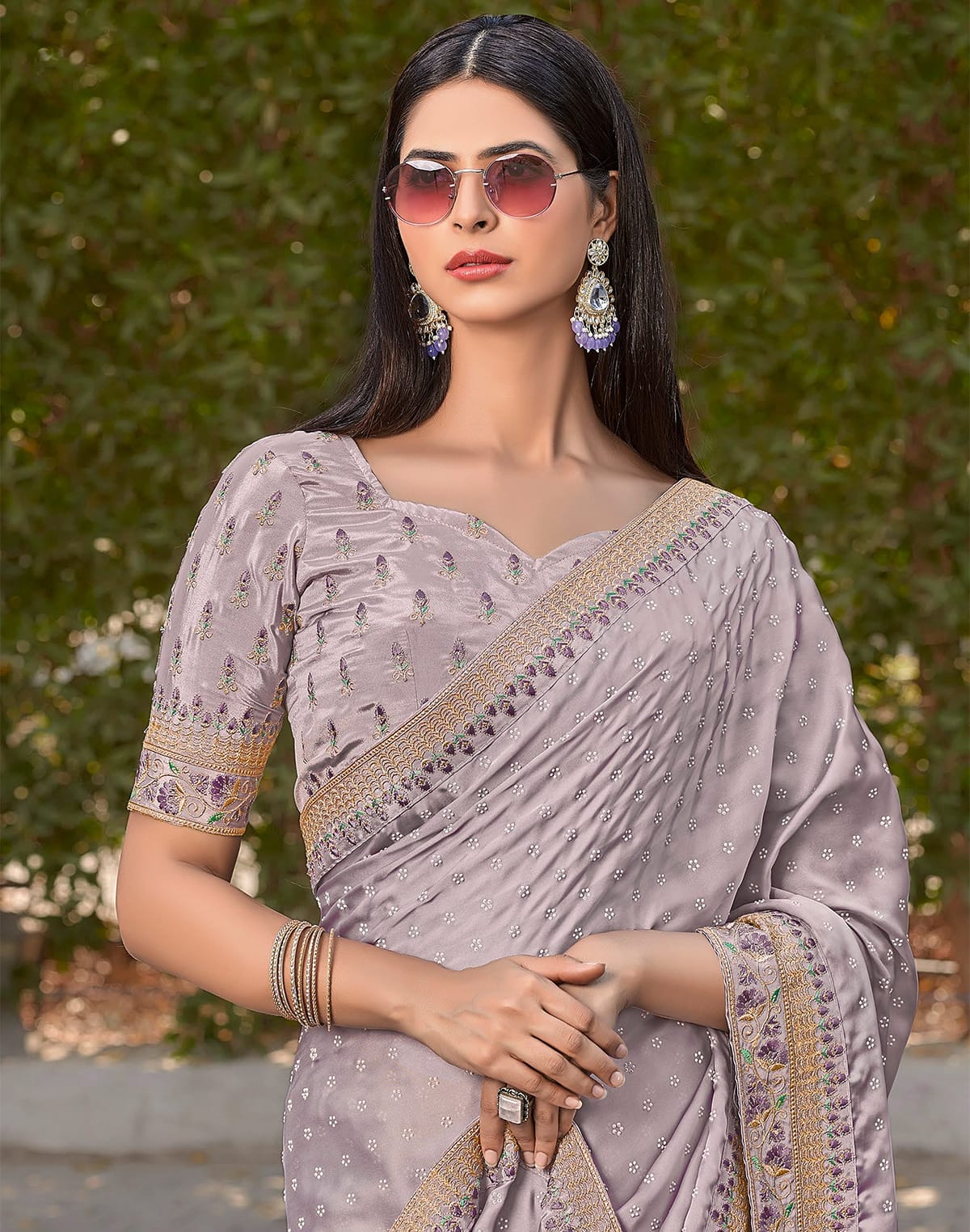 Light Grey Dola Silk Saree with embroidery work Blouse