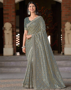 Collection of Grey Bandhini Print Soft Dola Silk Saree with work Blouse in a gallery layout