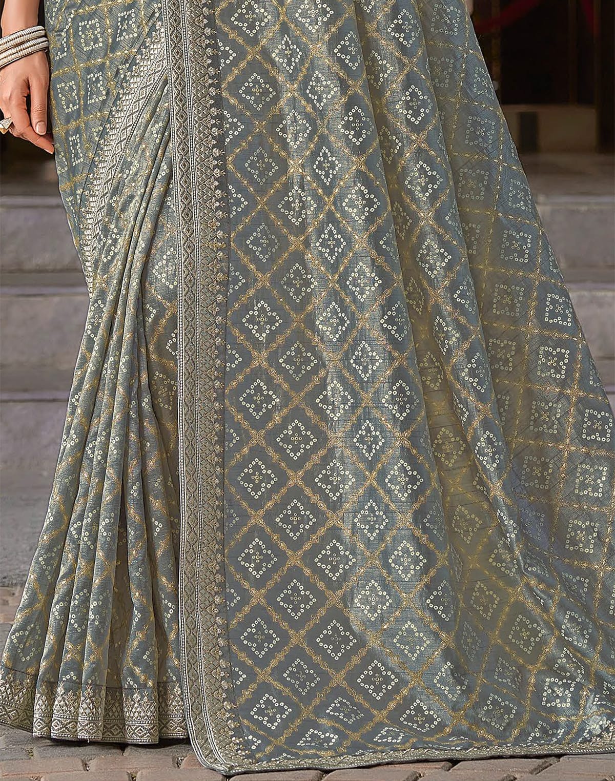 Collection of Grey Bandhini Print Soft Dola Silk Saree with work Blouse in a gallery layout