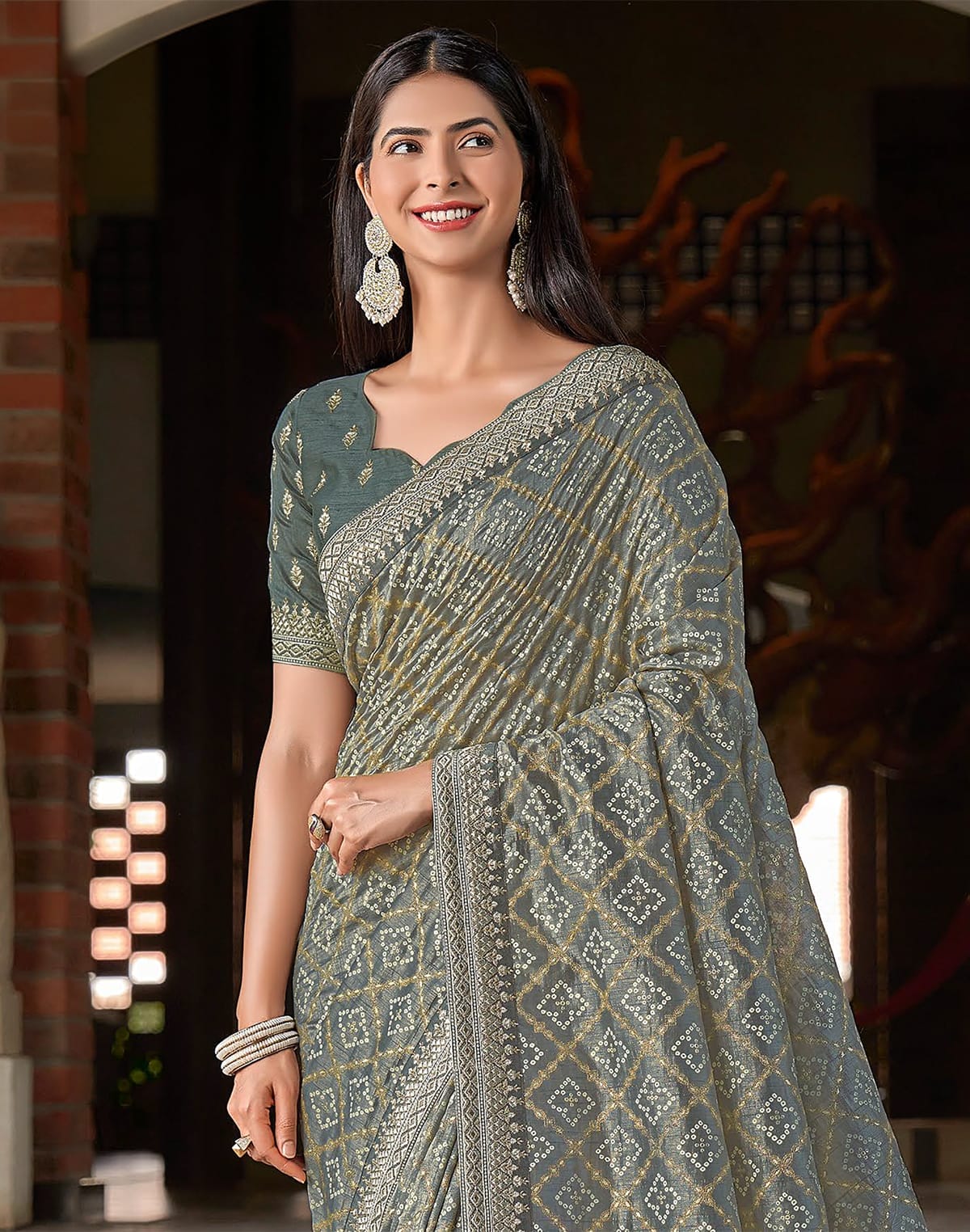 Collection of Grey Bandhini Print Soft Dola Silk Saree with work Blouse in a gallery layout