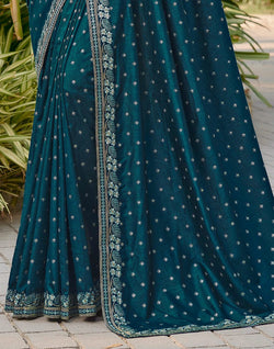 Collection of Peacock Blue Floral Dola Silk Saree with work Blouse in a gallery layout