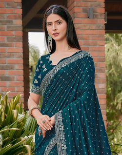 Collection of Peacock Blue Floral Dola Silk Saree with work Blouse in a gallery layout