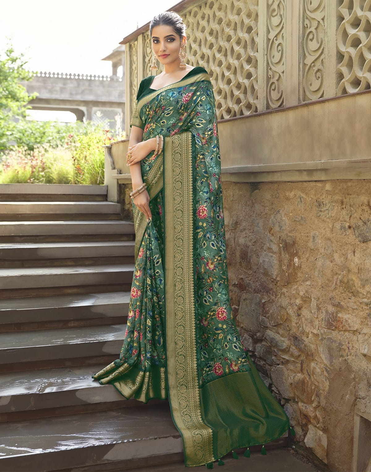 Collection of Green Dola Silk full Digital Printed Party Wear Saree in a gallery layout