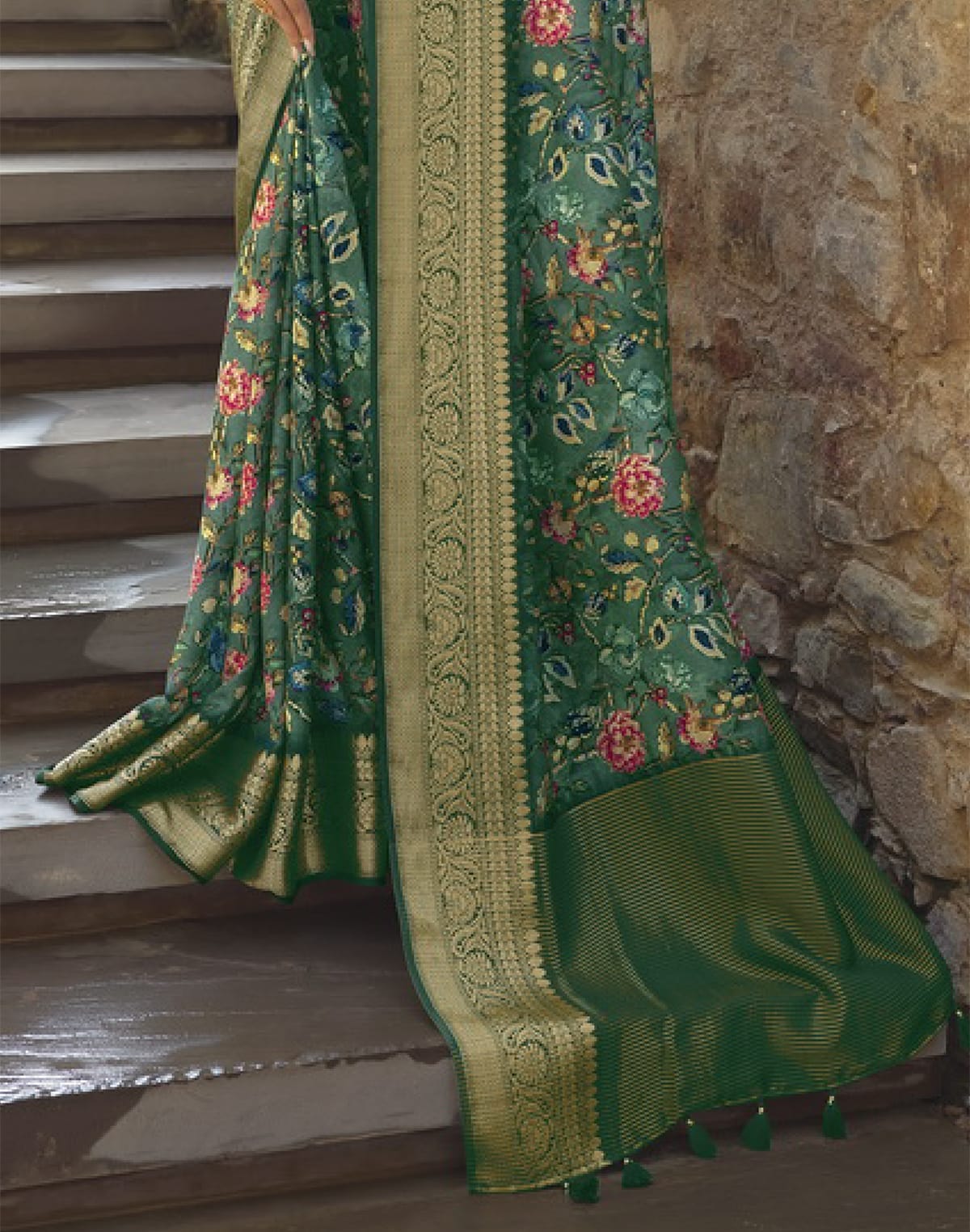 Collection of Green Dola Silk full Digital Printed Party Wear Saree in a gallery layout