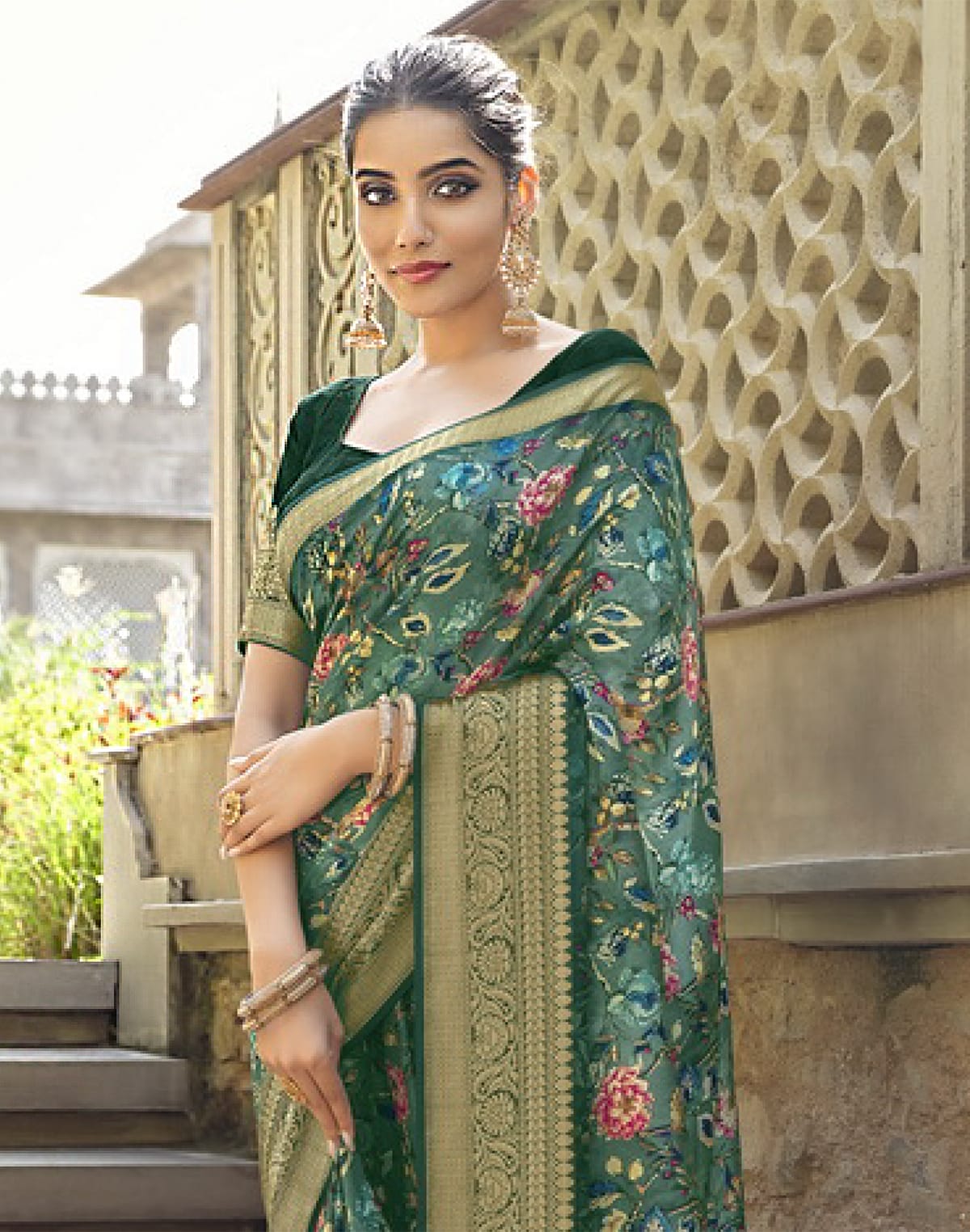 Green Dola Silk full Digital Printed Party Wear Saree