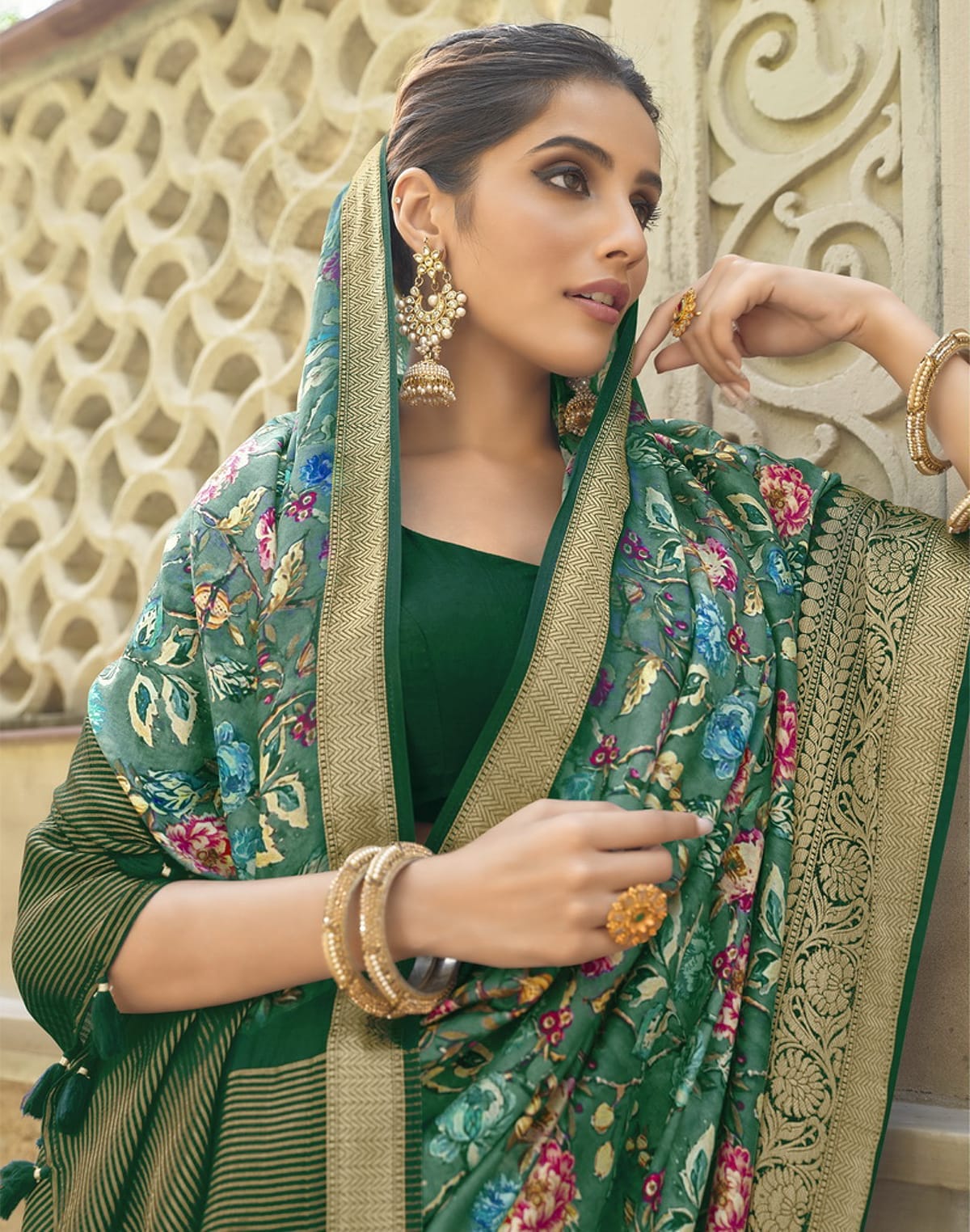 Collection of Green Dola Silk full Digital Printed Party Wear Saree in a gallery layout