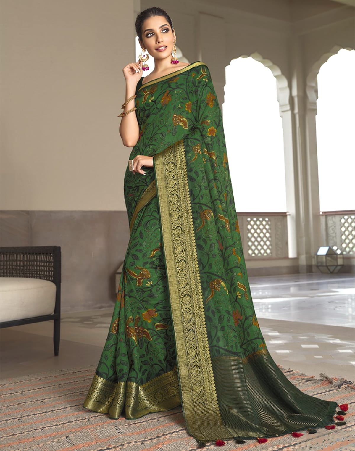 Collection of Dark Green Soft Dola Silk with Digital Print work Saree in a gallery layout