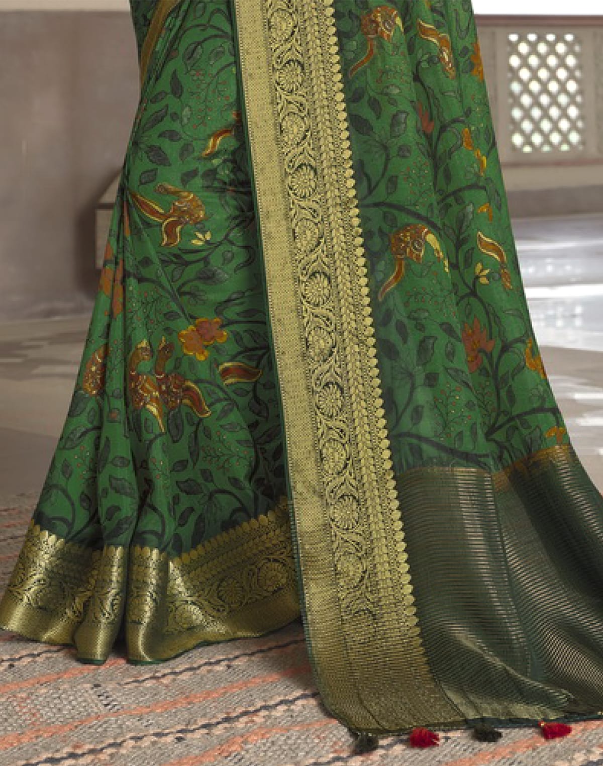 Dark Green Soft Dola Silk with Digital Print work Saree