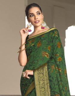 Collection of Dark Green Soft Dola Silk with Digital Print work Saree in a gallery layout