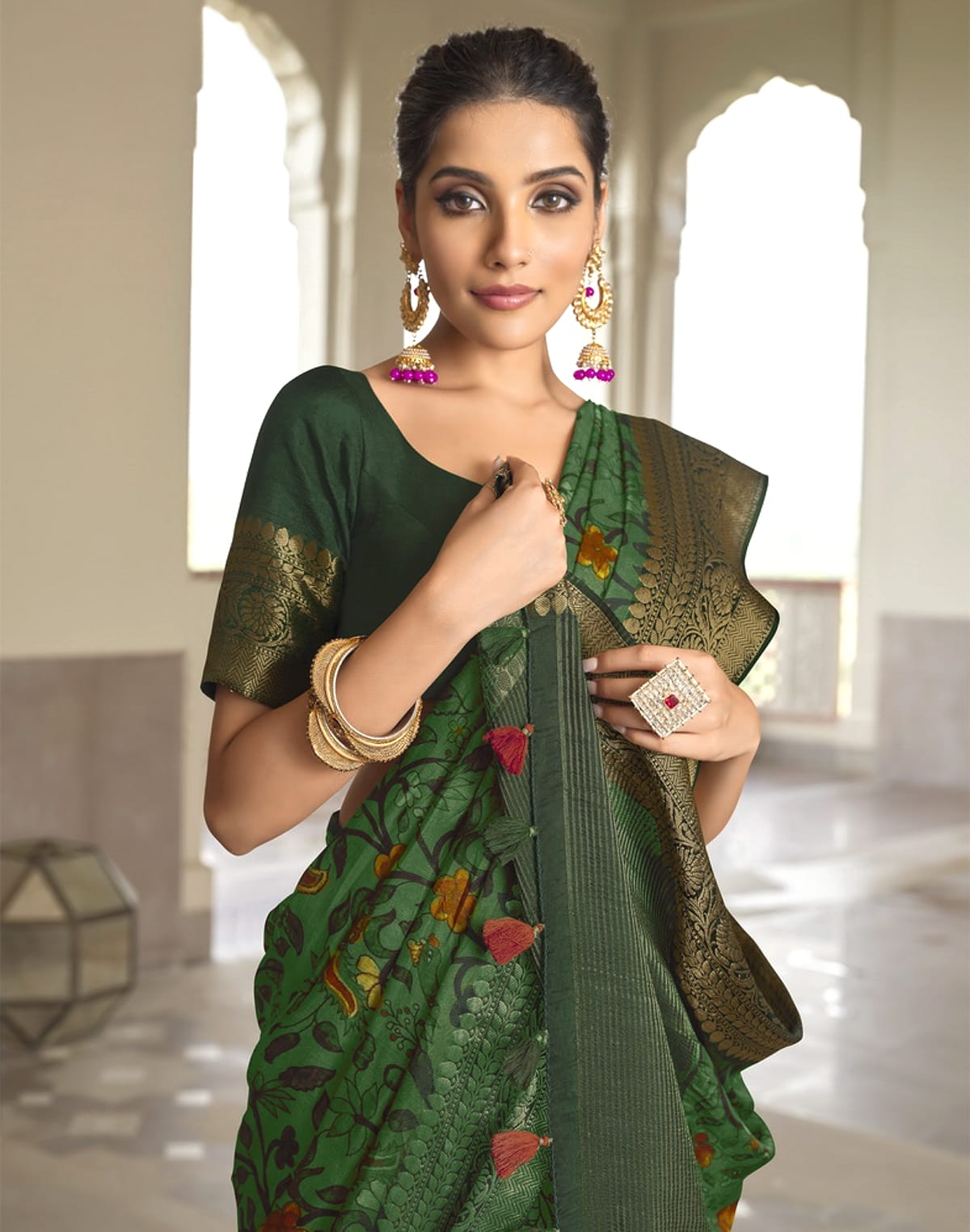 Collection of Dark Green Soft Dola Silk with Digital Print work Saree in a gallery layout